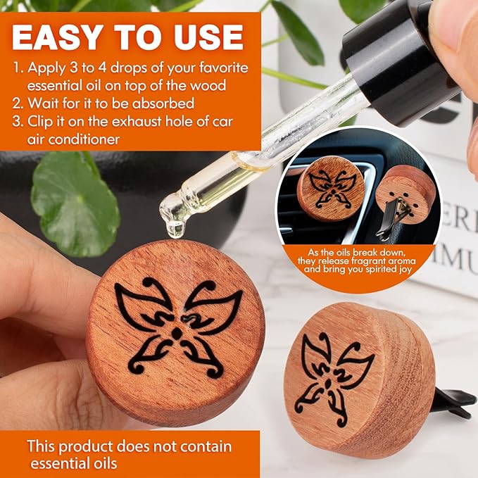 Essential Oil Car Diffuser, 2 PCS Butterfly Car Aromatherapy Wood Diffuser with Vent Clip