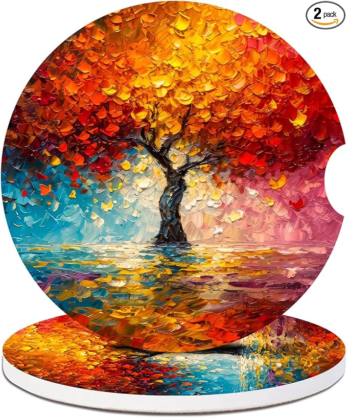 2 Pack Car Cup Holder Coaster-Colorful Trees Absorbent Ceramic Coaster, Car Coasters for Cup Holders,Auto Accessories for Women & Men