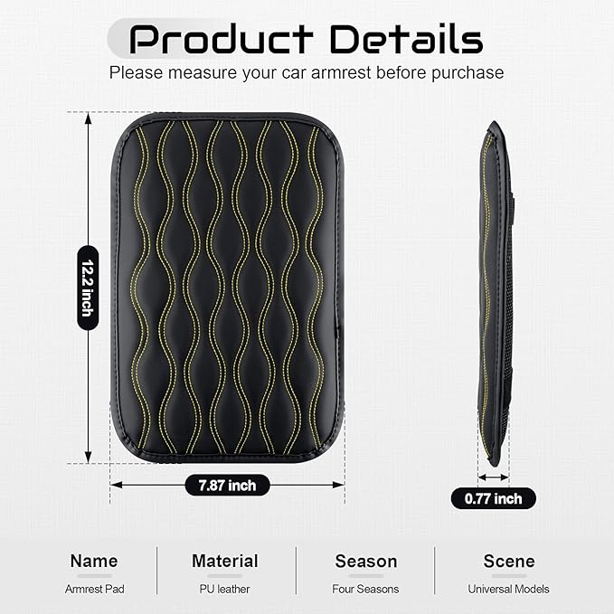 Amiss Auto Center Console Pad, Universal Waterproof Armrest Seat Box Cover, Car Interior Accessories, Leather Auto Armrest Cover Protector for Most Vehicle, SUV, Truck (Yellow-Line)