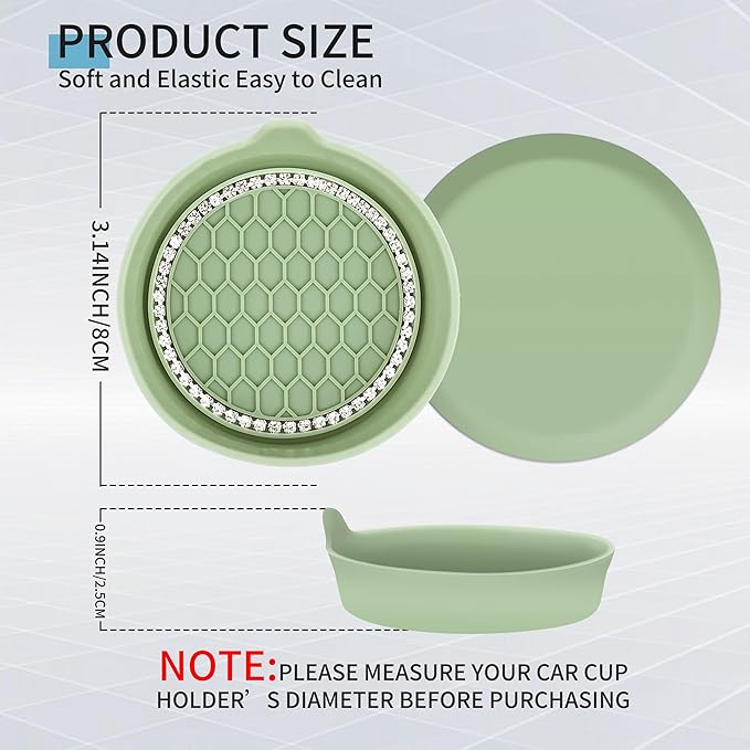Amooca Car Cup Coaster Universal Non-Slip Cup Holders Bling Crystal Rhinestone Car Interior Accessories 4 Pack Tea Green