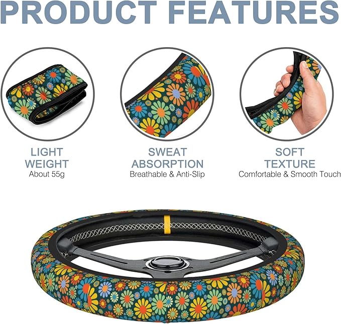 Vintage Groovy Boho Floral Car Steering Wheel Cover for Women Men with 2 Pcs Car Coasters,Universal 15 Inch Steering Wheel Covers Anti-Slip and Practical Auto Accessories Fit Auto,Suvs