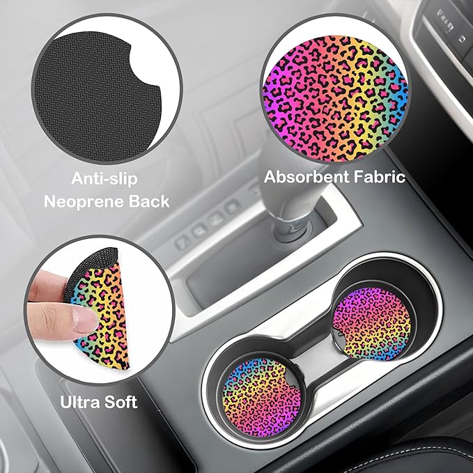 Rainbow Leopard Print Steering Wheel Cover for Women, Anti-Slip Car Steering Wheel Cover with 2 Pcs Cup Holders Neoprene Breathable Car Accessories Universal 15 Inch Auto Interior Decor