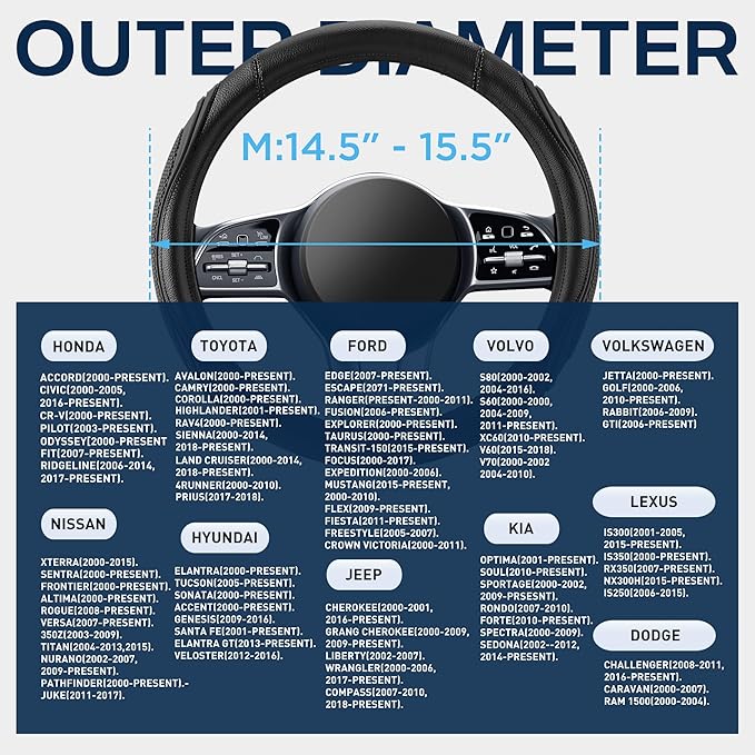 Road Comforts Car Steering Wheel Cover - Microfiber Leather Steering Wheel Wrap Sports 14.5-15 Inch Steering Wheel Cover Non-Slip for Men Women Black Color