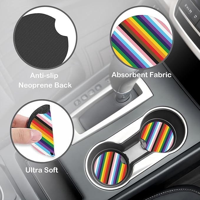 Rainbow Stripes Steering Wheel Cover for Women, Anti-Slip Car Steering Wheel Cover with 2 Pcs Cup Holders Neoprene Breathable Car Accessories Universal 15 Inch Auto Interior Decor
