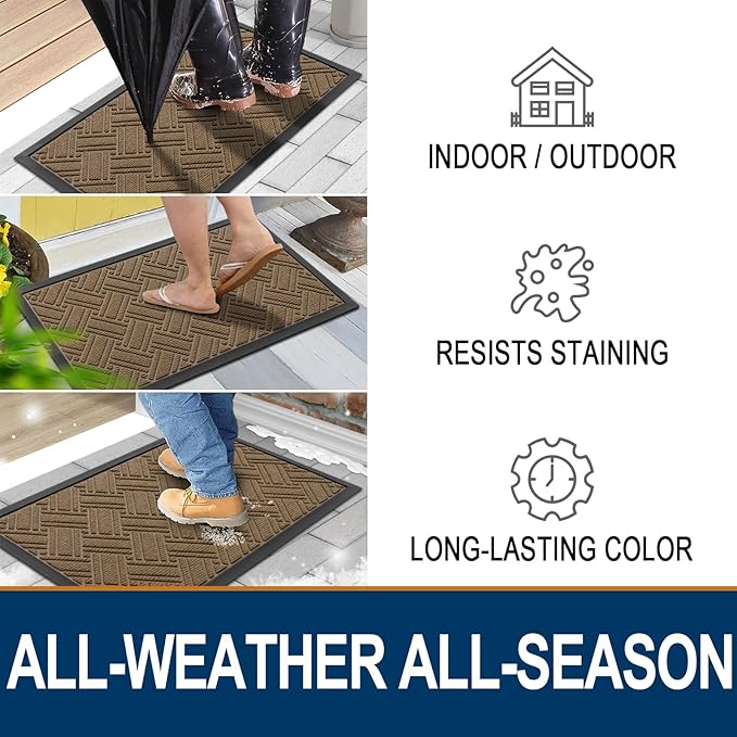 OLANLY Indoor Outdoor Mat, Sturdy Natural Rubber Floor Mat, Non Slip Low Profile Waterproof Doormat, and Stain Front Door Mats, Easy Clean Patio Entrance Mat, 36''x24'', Light Brown