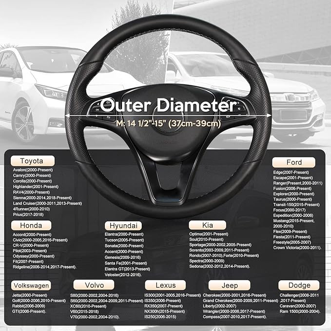 SEG Direct Car Steering Wheel Cover for Medium Standard Size Steering Wheels with 14 1/2-15 inches Outer Diameter, Black Microfiber Leather