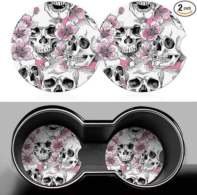 Skull and Flowers Car Cup Holder Coaster 2 Pack Absorbent Ceramic Car Coasters for Cup Holders Car Accessories Interior for Women Men Universal Anti Slip Cork Base Cup Coasters with Finger Notch