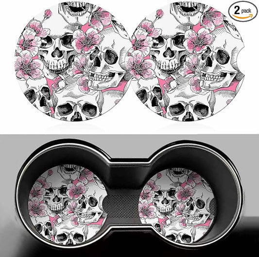 Skull and Flowers Car Cup Holder Coaster 2 Pack Absorbent Ceramic Car Coasters for Cup Holders Car Accessories Interior for Women Men Universal Anti Slip Cork Base Cup Coasters with Finger Notch