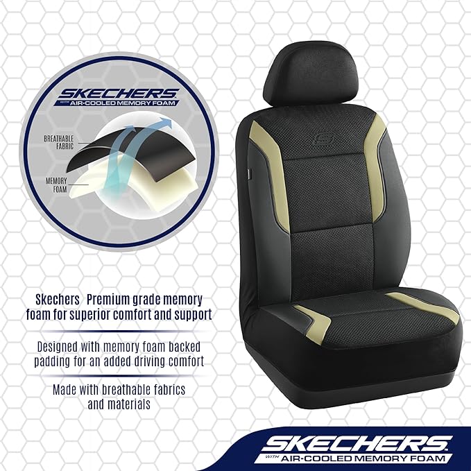 Skechers Memory Foam Car Seat Covers, Air Cool Mesh Thick Seat Covers, Car Seat Full Sets Airbag Compatible, Automotive Comfort Protection for Most Cars,Vans,Trucks, SUVs,Beige