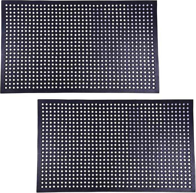OrangeStar 2 Pack Rubber Floor Mat, 36"x60" Anti-Fatigue Door Mat w/Holes for Restaurant, Kitchen, Bar, Indoor/Outdoor, Black
