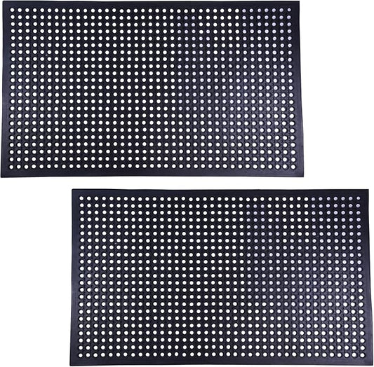 OrangeStar 2 Pack Rubber Floor Mat, 36"x60" Anti-Fatigue Door Mat w/Holes for Restaurant, Kitchen, Bar, Indoor/Outdoor, Black