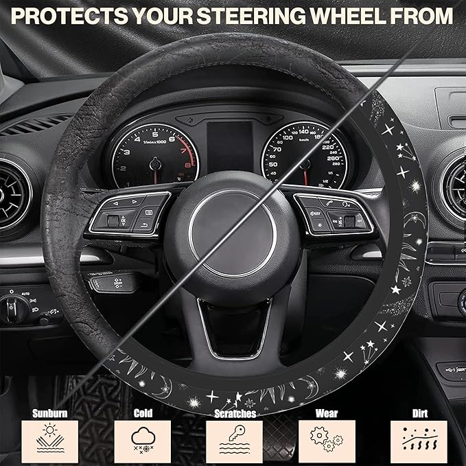 Sun Moon and Steering Wheel Cover, Stars Constellation Elastic Non-Slip Steering Wheel Protector,Auto Interior Decor for Women Girls,Universal 15" Fit for Sedans,Trucks