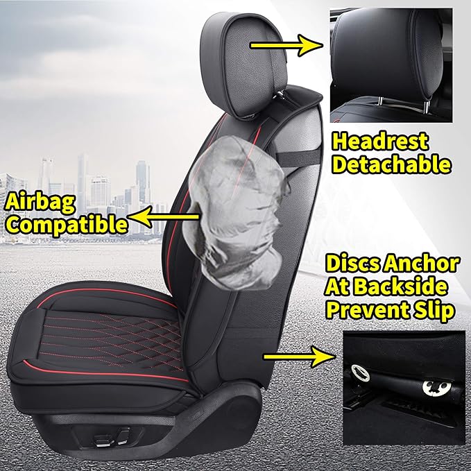 Aierxuan 5pcs Car Seat Covers Full Set with Waterproof Leather, Airbag Compatible Automotive Vehicle Cushion Cover Universal Fit for Most Cars (Black and Red)