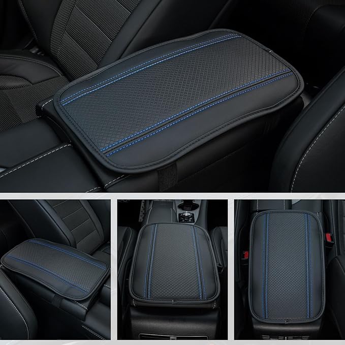 Amiss Car Center Console Pad, Universal Waterproof Car Armrest Seat Box Cover, PU Leather Auto Armrest Cover Protector，Vehicle Interior Accessories fits SUV/Truck/Car (Black-Blue)
