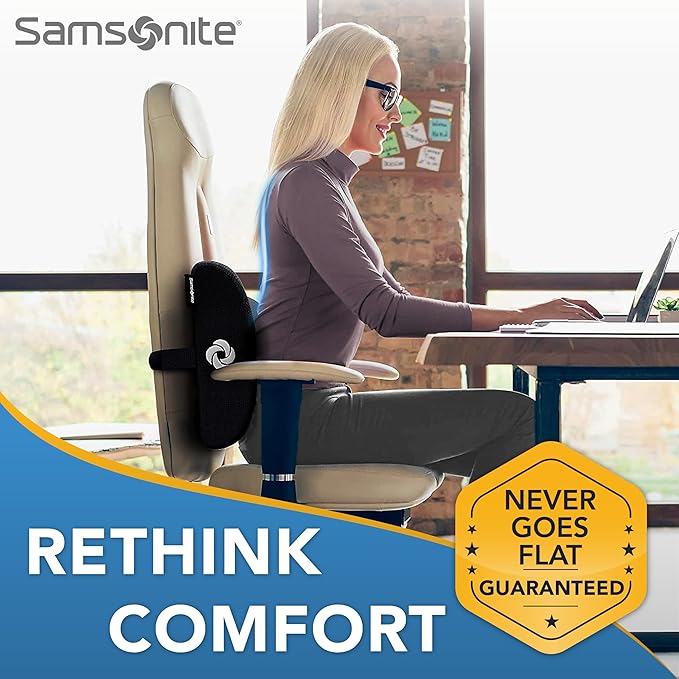Samsonite Ergonomic Lumbar Support Pillow for Office Chair, Gaming Chair, or Car, Memory Foam Cushion with Breathable Ventilated Mesh and Adjustable Strap for Long Lasting Back Support