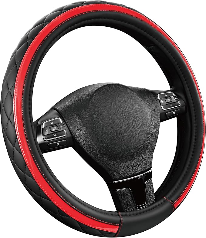 Road Comforts Leather Steering Wheel Cover – Black & Red Universal Fit 14.5-15 Inch, Microfiber Leather, Anti-Slip & Breathable Design for Men and Women