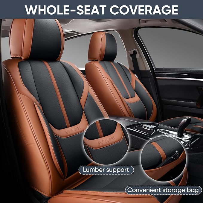Auto Car Seat Covers Accessories Full Set Leather Cushion Protector Breathable Waterproof Seat Cover for Cars Universal Fit (Brown&Black, FullSet Without Headrest)