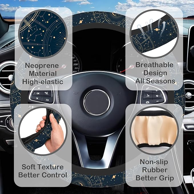 Astrology Moon Star Steering Wheel Cover with 2 Pcs Car Coasters Neoprene Steering Wheel Cover for Women Men Anti-Slip Breathable Car Accessories Universal 15 Inch Fit Auto Cars Trucks
