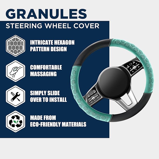 PIC AUTO Massage Steering Wheel Cover, Mint Football Pattern Material Spliced Leather Car Steering Wheel Protector, Car Interior Accessories, Universal Fit 14.5"-15.5" for Cars, Trucks, Van, SUV