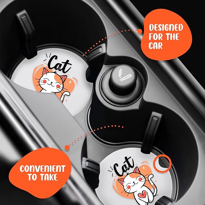 2 Pack Cat Car Cup Holder Coaster, Cute Car Interior Accessories Drink Coaster for Women & Men, Cat Lovers Themed Gifts Stuff Accessories Things Merchandise Items!