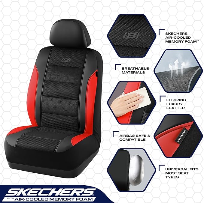 Skechers Aircooled & Memory Foam Seat Covers,Premium Leather with EVA Mesh Car Seat Covers,Seat Cover Full Sets,Airbag Compatible Automotive Comfort for Most Cars, Vans, Trucks, SUV,Red