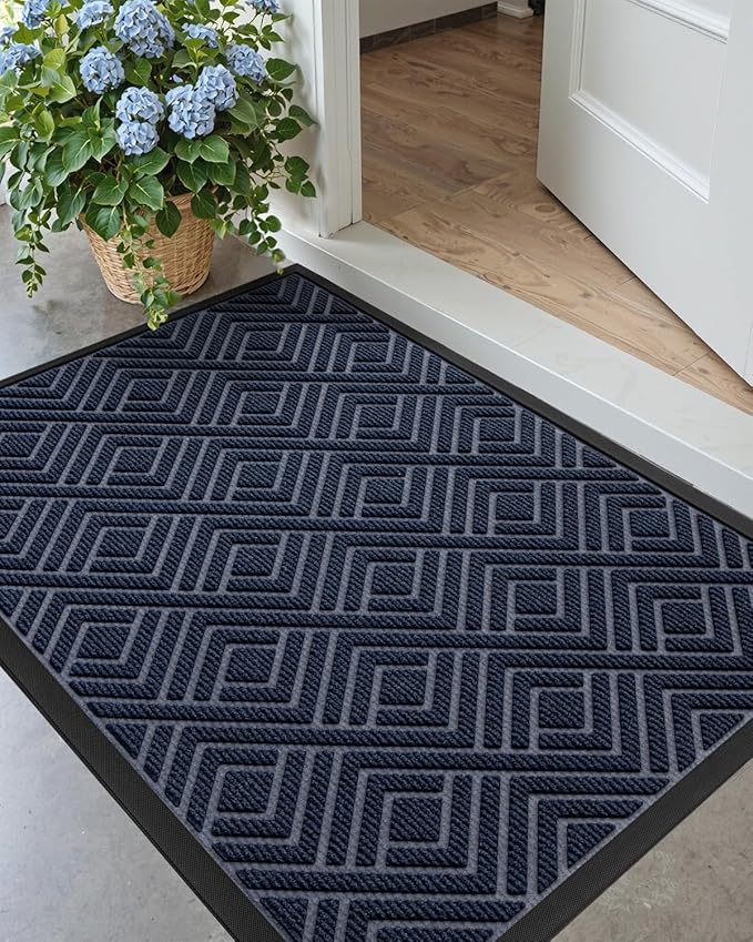 DEXI Front Door Mat Outside Entrance, Heavy Duty Rubber Backed Doormat, Stain and Fade Resistant, Low-Profile Easy Clean Entryway Floor Mats, 32x48, Checkered Navy