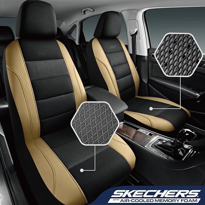 Skechers Aircooled & Memory Foam Car Seat Covers,Premium Leather with EVA Mesh Seat Covers, Front car seat Protector, Airbag Compatible, Automotive Comfort for Most Cars, Vans, Trucks, SUV,Biege