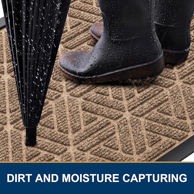 Smiry Front Door Mat Outside Entrance, Heavy Duty Sturdy Natural Rubber Doormat, Trap Dirt and Moisture, Easy Clean Low Profile Mats for Indoor Outdoor Entry, Grid Geometric (29.5x17, Coffee)