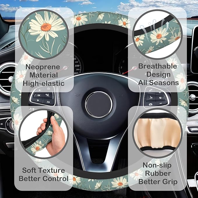 White Daisy Steering Wheel Cover with 2 Pcs Car Coasters Neoprene Steering Wheel Cover for Women Men Anti-Slip Breathable Car Accessories Universal 15 Inch Fit Auto Cars Trucks