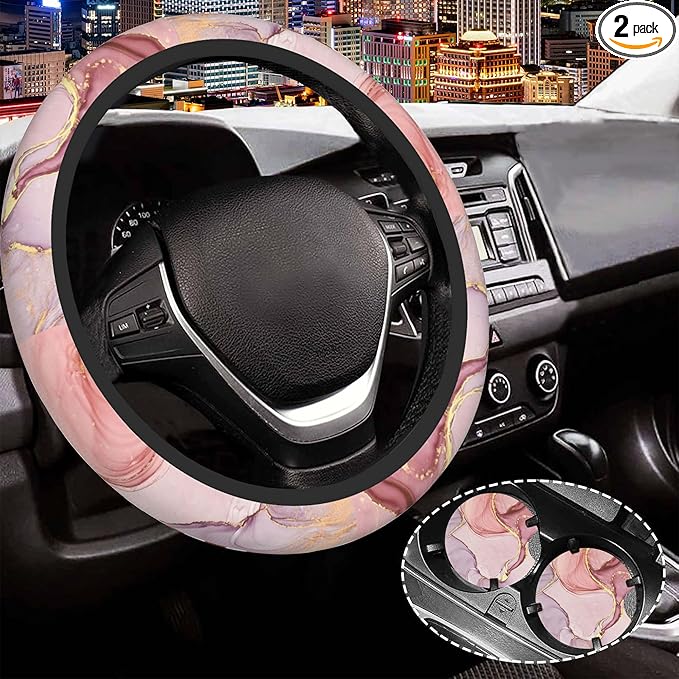 Pink Golden Liquid Marble Steering Wheel Cover for Women Men,Anti-Slip Breathable Car Steering Wheel Cover Elastic Protection with 2 Pieces Car Coasters,Universal 15" Fit Auto,Suvs,Truck