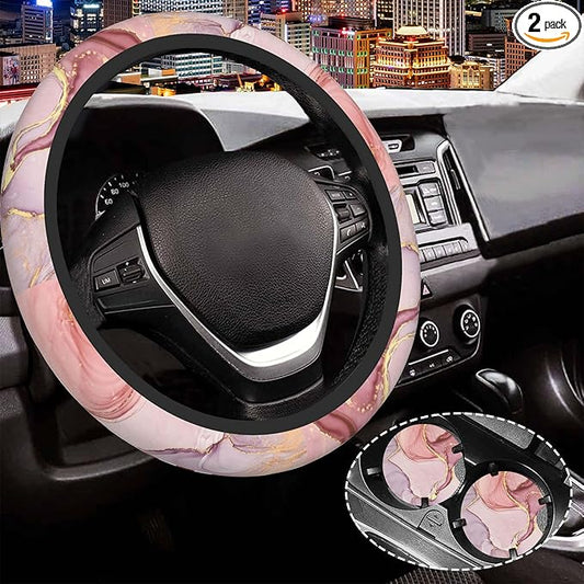 Pink Golden Liquid Marble Steering Wheel Cover for Women Men,Anti-Slip Breathable Car Steering Wheel Cover Elastic Protection with 2 Pieces Car Coasters,Universal 15" Fit Auto,Suvs,Truck