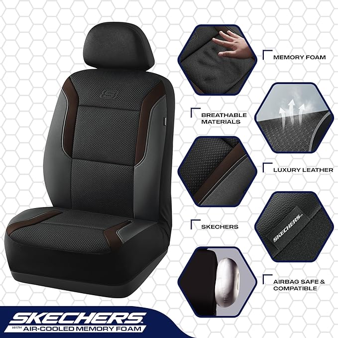 Skechers Memory Foam Car Seat Covers, Air Cool Mesh Thick Seat Covers,Car Seat Covers Front Seats Airbag Compatible, Automotive Comfort Protection for Most Cars,Van,Trucks, SUVs,Brown