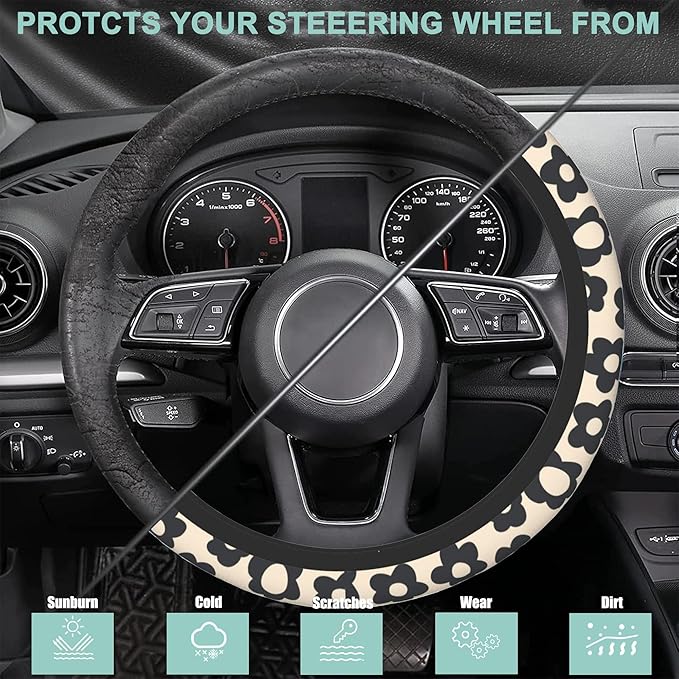 Vintage Black Flowers Steering Wheel Cover for Women Men,Anti-Slip Breathable Car Steering Wheel Cover Elastic Protection with 2 Pieces Car Coasters,Universal 15" Fit Auto,Suvs,Truck