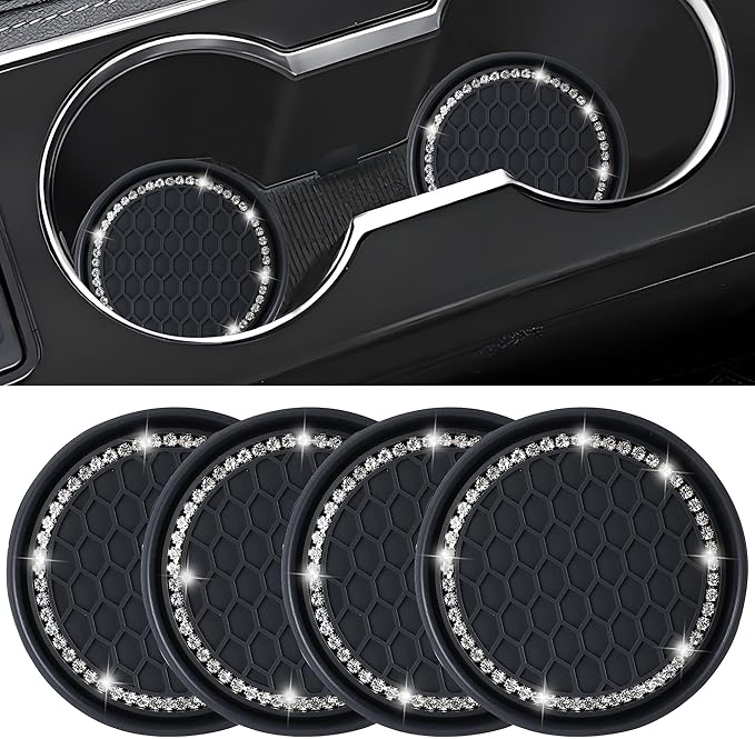 Amooca Car Cup Coaster 4 Pack Universal Non-Slip Cup Holders Insert Coasters Bling Crystal Rhinestone Car Interior Accessories Black Grid