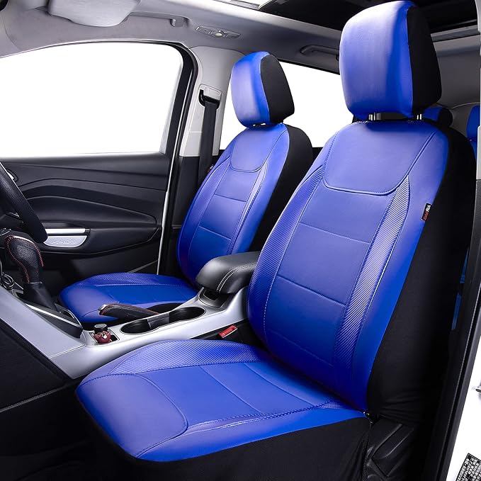 Flying Banner car seat Covers Protects Water Proof Faux Leather Carbon Fiber Fronts Rear Bench Covers (Blue Blue, Full Set - 8PCS)