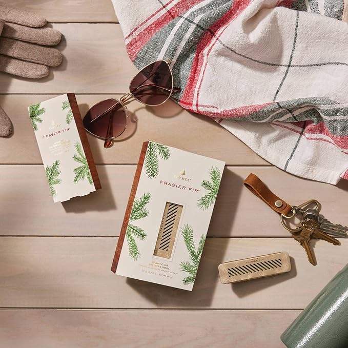 Thymes Frasier Fir Car Diffuser Kit + Refills – Vent Clip Air Freshener + 4 Frasier Fir Diffuser Reeds – Car Air Fresheners with Fresh Scent – Long-Lasting Fragrance