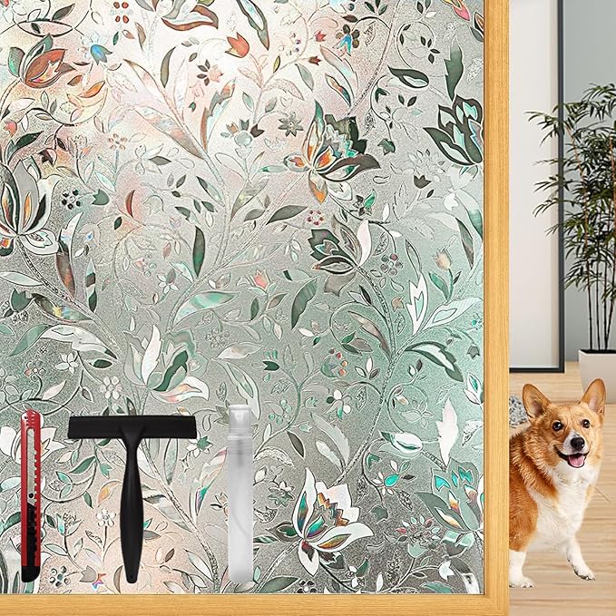 Frosted Tulip Patterned Window Privacy Film with Installation Tools, Stained Glass Decorative Film, Removable, Peep-Proof, Static Cling (17.5 x 157.5 Inch)