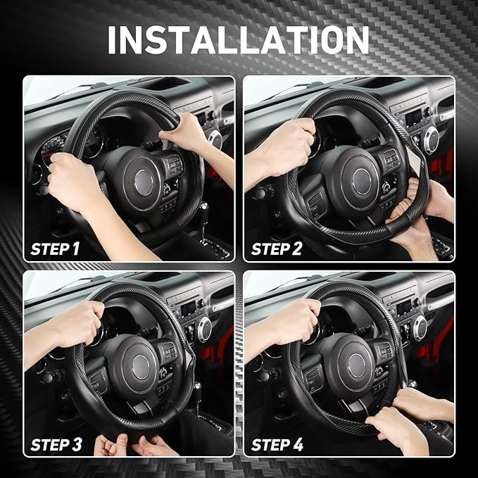 SEG Direct Car Steering Wheel Cover Large-Size for F150 F250 F350 Ram 4Runner Tacoma Tundra Range Rover with 15 1/2"-16" Outer Diameter Leather with Carbon Fiber Pattern Black