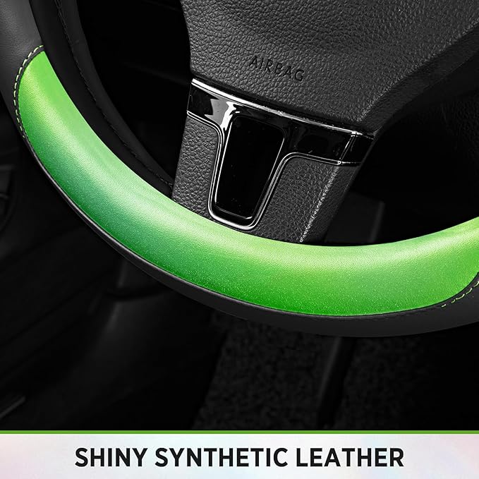 Road Comforts Steering Wheel Cover – Breathable Leather Steering Wheel Cover, Anti-Slip Grip, Universal Fit 14.5” to 15”, Heat & Cold Resistant for Cars, SUVs, and Trucks – Black & Shining Green