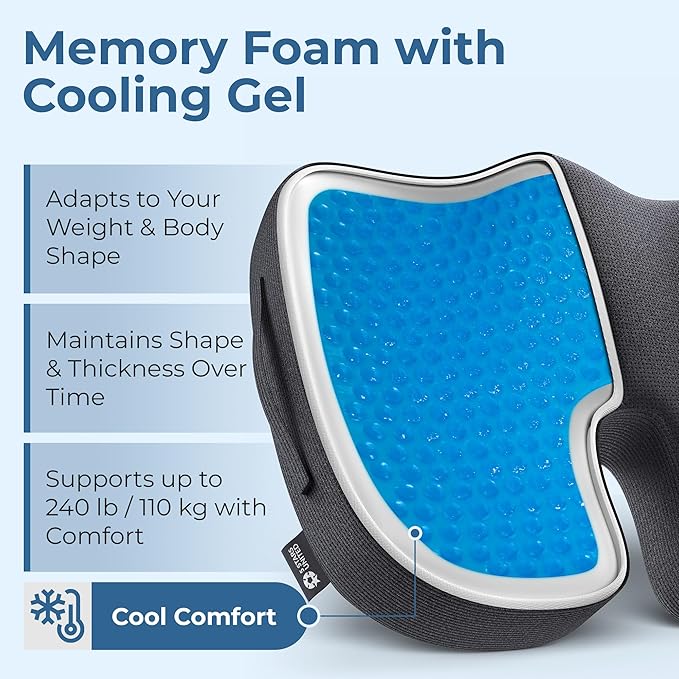 5 STARS UNITED Seat Cushion for Tailbone Pain Relief – Memory Foam Cushion for Coccyx, Hemorrhoid, Sciatica & Post-Surgery Recovery – Wheelchair, Car, Desk, Gaming & Office Chairs, Arctic Black