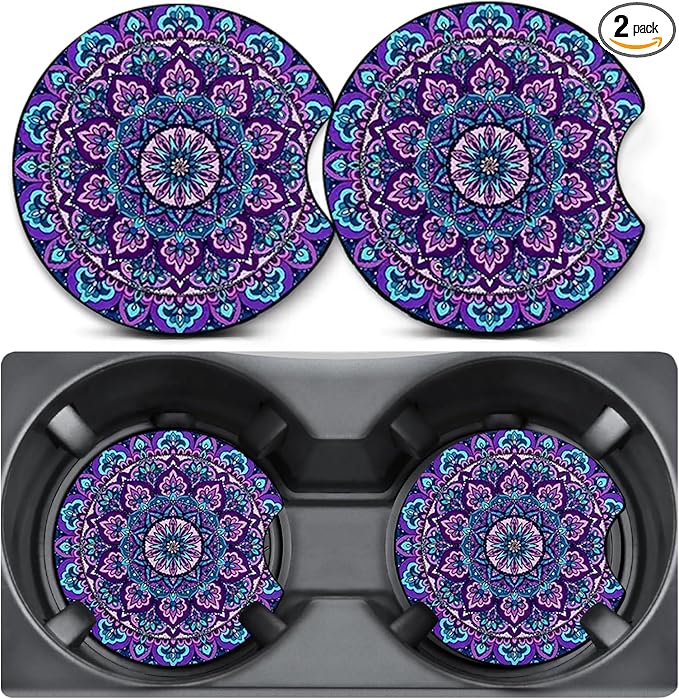 2 Pack Car Coasters for Cup Holders,Mandala Flower Car Cup Holder Coasters,2.75" Universal Size Anti Slip Rubber Mat,Automotive Interior Accessories,Automotive Cup Holder Decor,Gifts for Women Men Mom