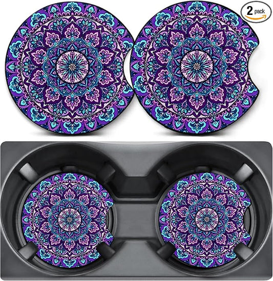 2 Pack Car Coasters for Cup Holders,Mandala Flower Car Cup Holder Coasters,2.75" Universal Size Anti Slip Rubber Mat,Automotive Interior Accessories,Automotive Cup Holder Decor,Gifts for Women Men Mom