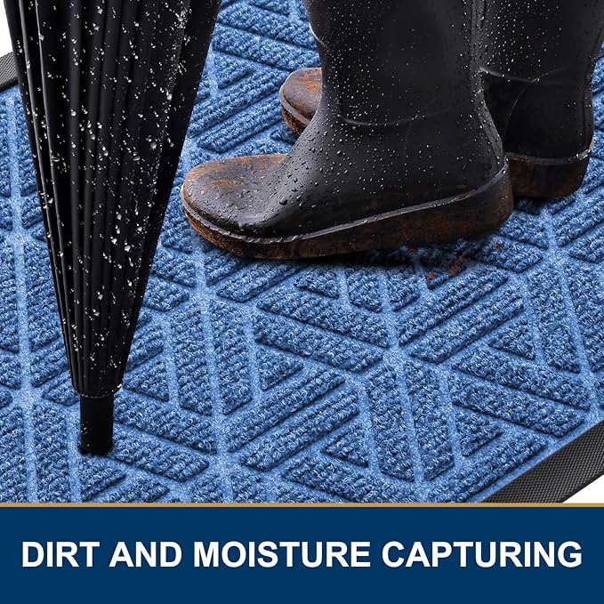 Smiry Front Door Mat Outside Entrance, Heavy Duty Sturdy Natural Rubber Doormat, Trap Dirt and Moisture, Easy Clean Low Profile Mats for Indoor Outdoor Entry, Grid Geometric (47x32, Blue)