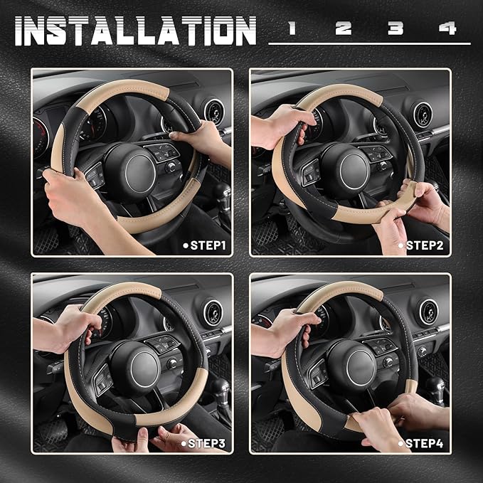 SEG Direct Car Steering Wheel Cover for Prius Civic Model 3 Model Y Camaro, Small Size 14-14.25 inch, Black and Beige Microfiber Leather