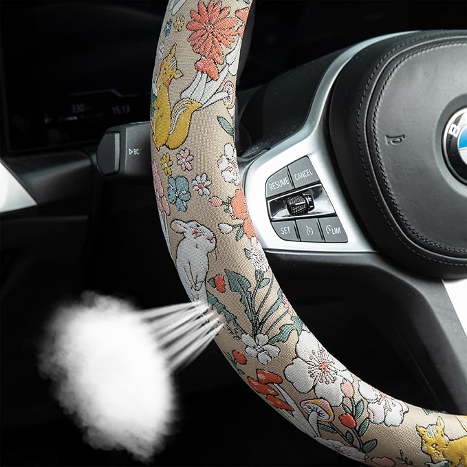 White Rabbit Mushroom Steering Wheel Cover Auto Jacquard Steering Wheel Protector, Anti-Slip, Breathable, Absorbing Sweat, Universal Mushroom Car Accessories 14.5–15 inch,Fit for Most Car, Trucks, SUV