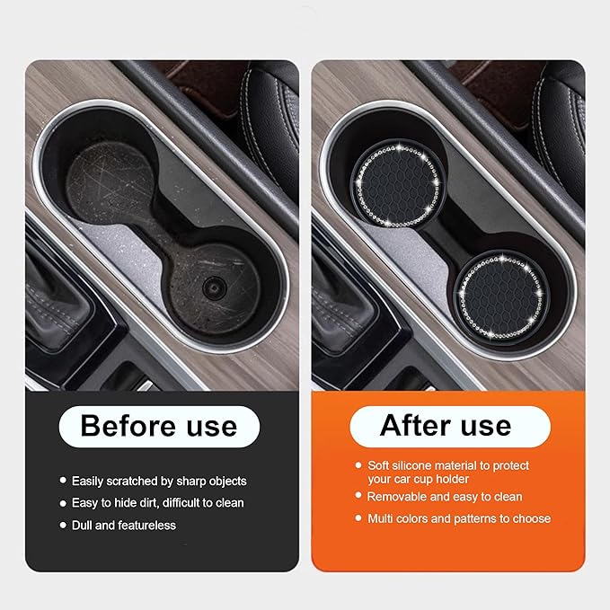 Amooca Car Cup Coaster 4 Pack Universal Non-Slip Cup Holders Insert Coasters Bling Crystal Rhinestone Car Interior Accessories Black Grid