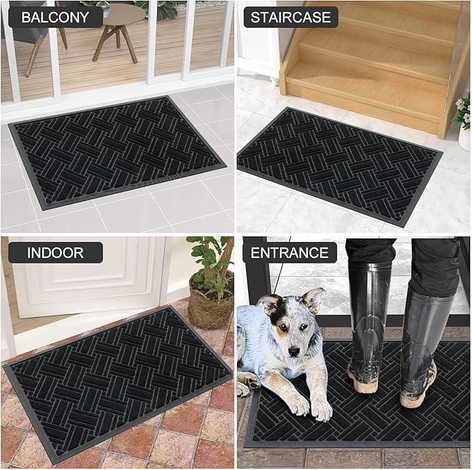 OLANLY Indoor Outdoor Mat, Sturdy Natural Rubber Floor Mat, Non Slip Low Profile Waterproof Doormat, and Stain Front Door Mats, Easy Clean Patio Entrance Mat, 48''x32'', Black