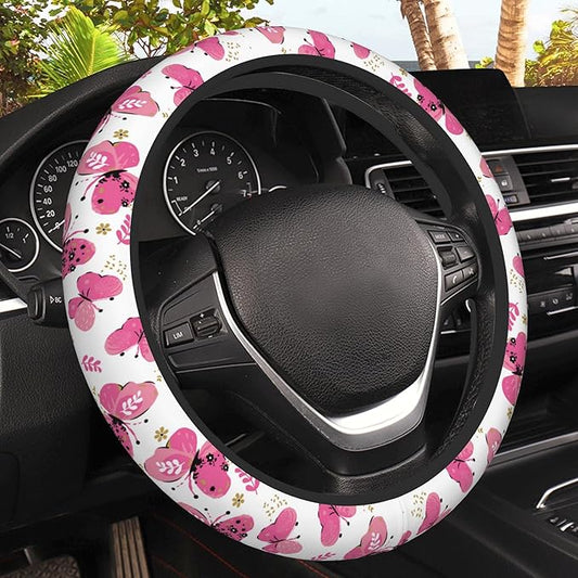 Pink Butterfly Car Steering Wheel Cover, Non-Slip Absorbing Sweat Car Wheel Cover Accessories for Men Women,Universal 15" Fit Auto SUV Vans Trucks