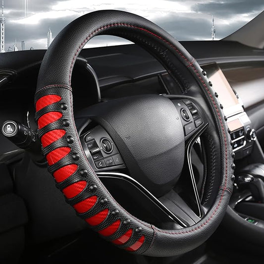 West Llama Microfiber Leather Car Steering Wheel Cover for Men Women,Universal Fit 15.5-16 inchs(Leather Nails-Red+Black-Large Size)