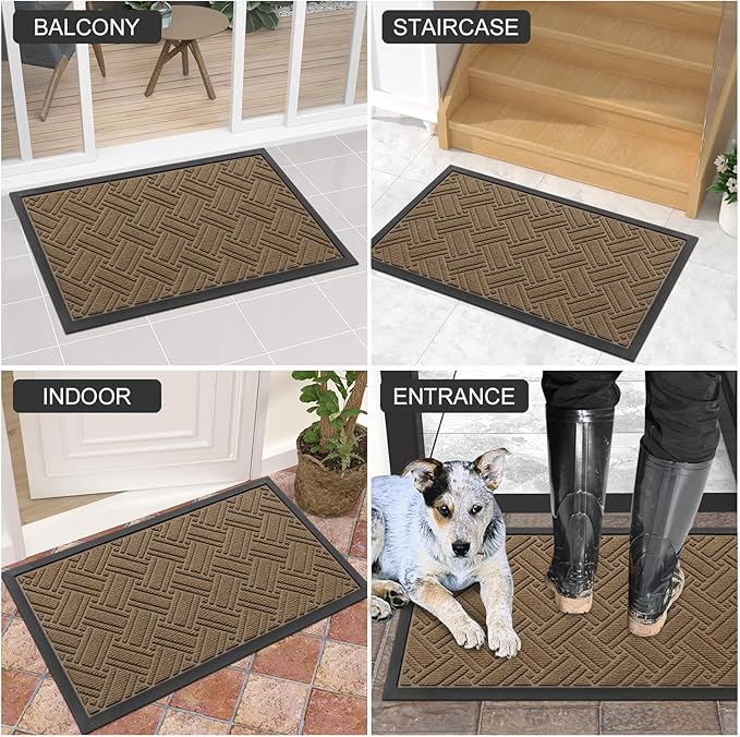 OLANLY Indoor Outdoor Mat, Sturdy Natural Rubber Floor Mat, Non Slip Low Profile Waterproof Doormat, and Stain Front Door Mats, Easy Clean Patio Entrance Mat, 30''x17'', Light Brown